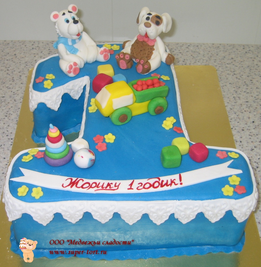 Торт в виде цифры один на день рождения с собачкой и мишкой